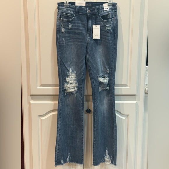 Judy Blue Denim - Judy Blue Distressed Flare Jeans - Blue